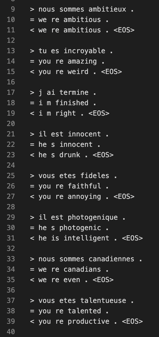 Some successful translations from my assignment's reurrent neural networks, and some less successful ones.